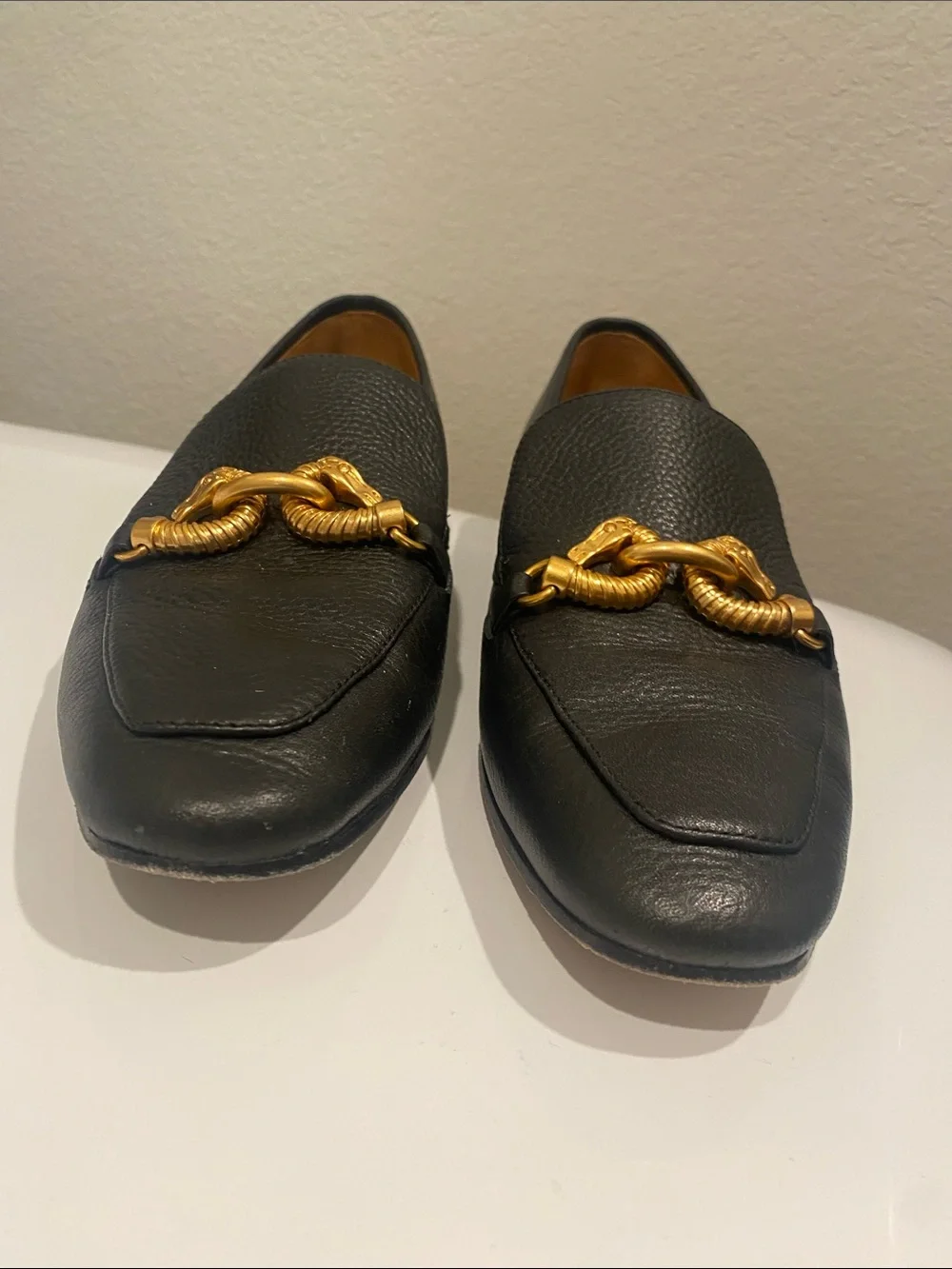 Tory Burch Black Leather Loafers with Gold Chain Hardware
